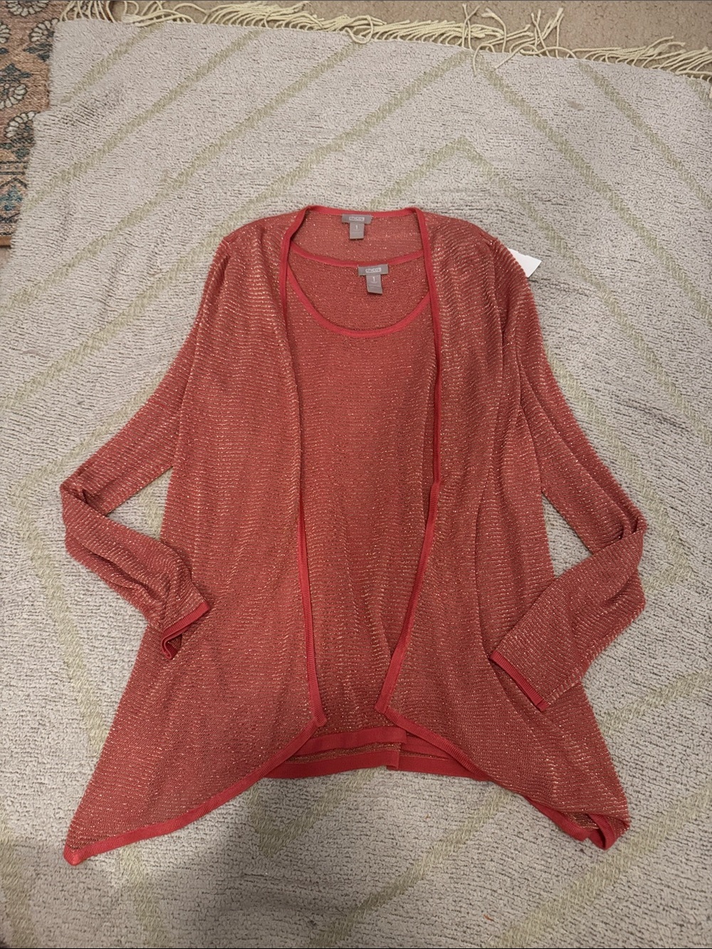 Chico’s 2 Piece Sweater Set Metallic Coral Open Cardigan Tank Size 1
